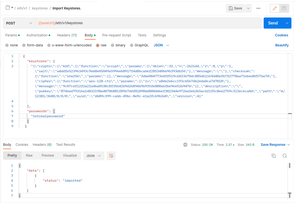 Ethereum validator client key manager API keystore import